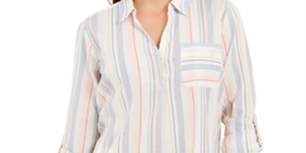 Charter Club Women's Vertical Stripe Popover Top White Size Small