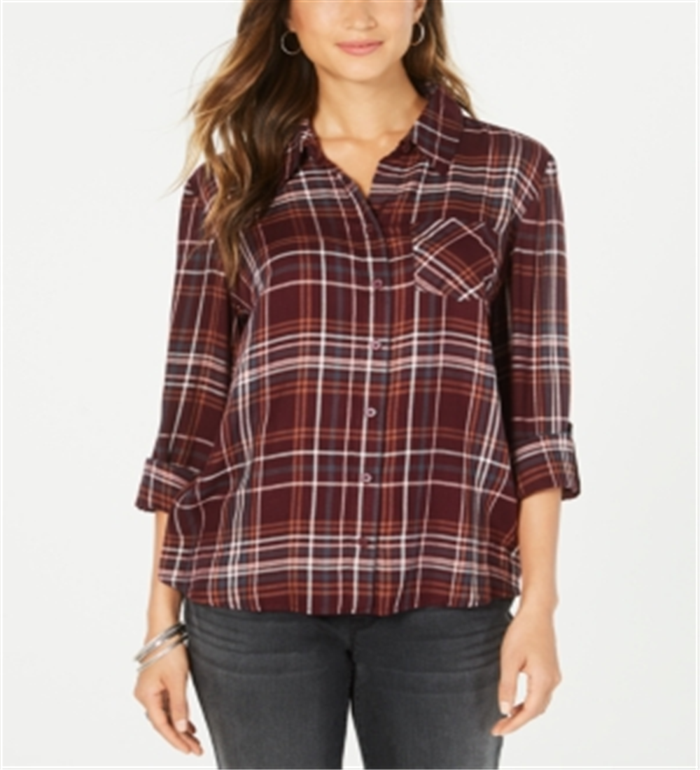 Style & Co Women's Plaid One Pocket Shirt Red Size XL