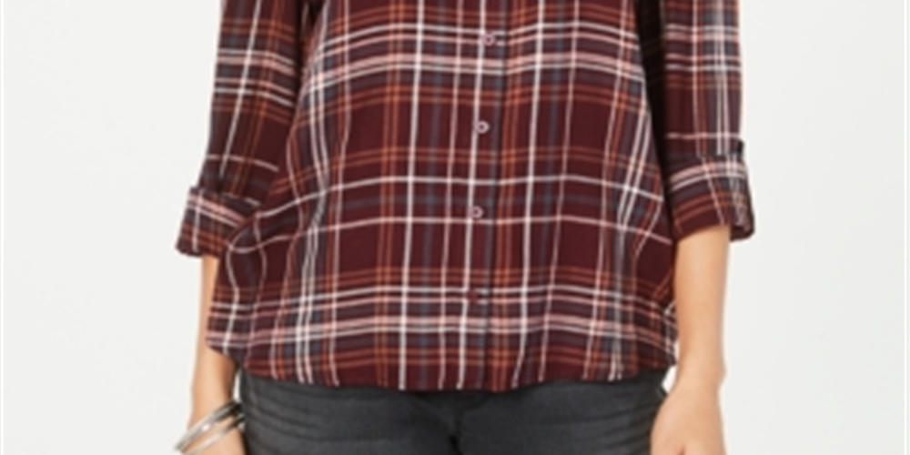 Style & Co Women's Plaid One Pocket Shirt Red Size XL
