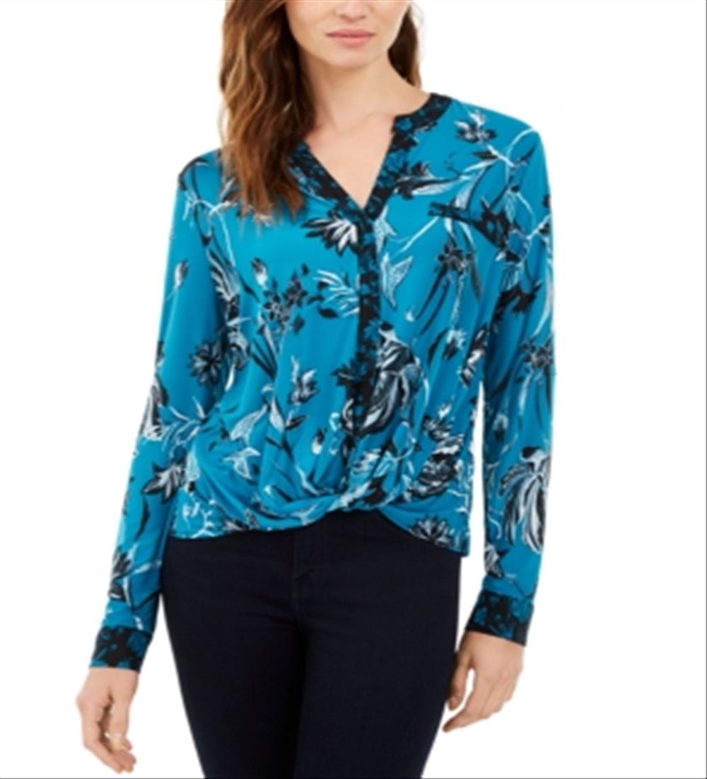 INC International Concepts Women's Printed Twist Front Top Blue Size Petite Medium