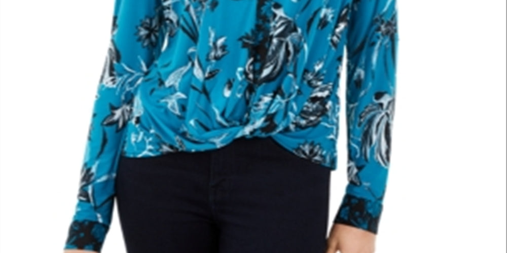 INC International Concepts Women's Printed Twist Front Top Blue Size Petite Medium