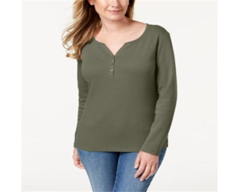 Karen Scott Women's Solid Long Sleeve with Buttons Top Green Size S