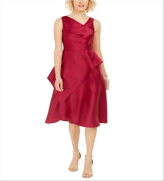 Adrianna Papell Women's Solid Sleeveless V Neck Knee Length Fit Flare Formal Dress Red Size 10