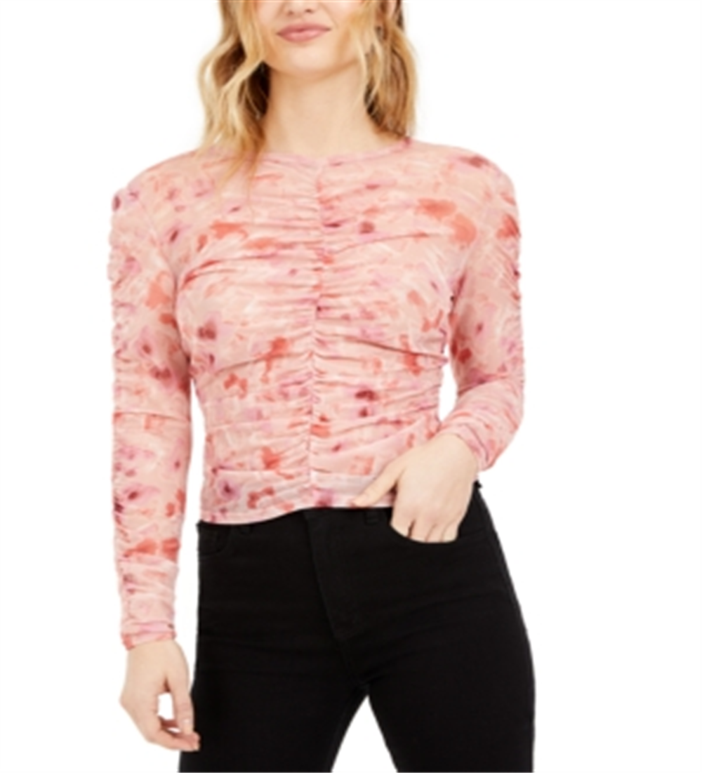 Bar III Women's Sheer Floral Long Sleeve Jewel Neck Top Pink Size X-Large