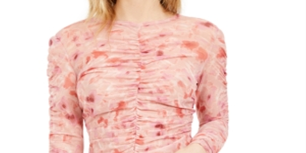 Bar III Women's Sheer Floral Long Sleeve Jewel Neck Top Pink Size X-Large