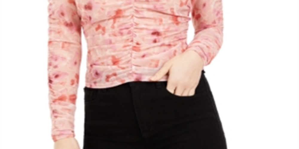 Bar III Women's Sheer Floral Long Sleeve Jewel Neck Top Pink Size X-Large