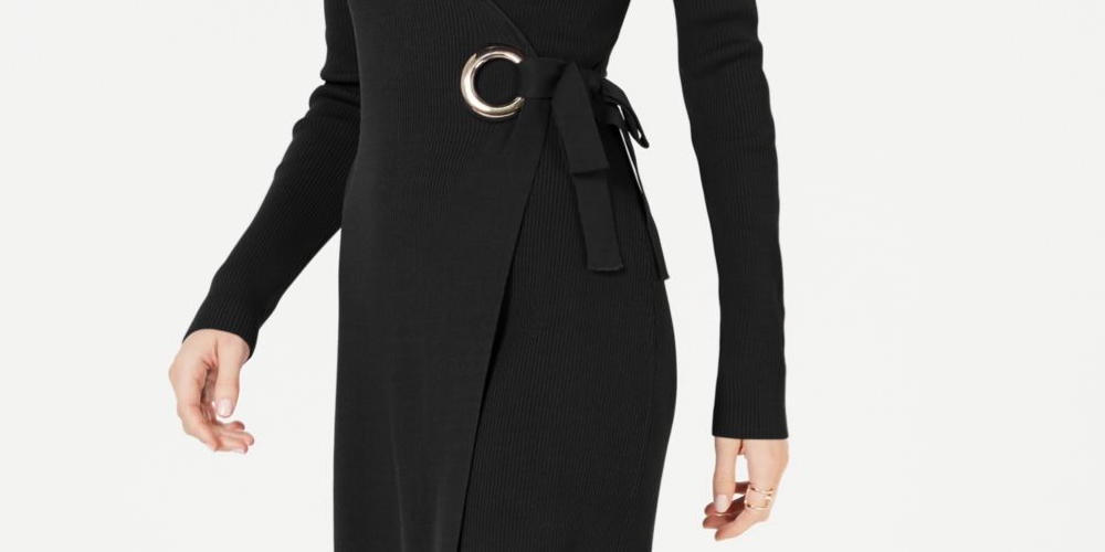 INC International Concepts Women's Wrap Sweater Dress Black Size Large