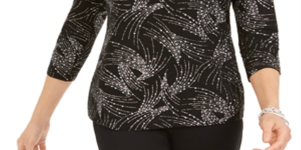 JM Collection Women's Printed Jacquard Top Black Size Small