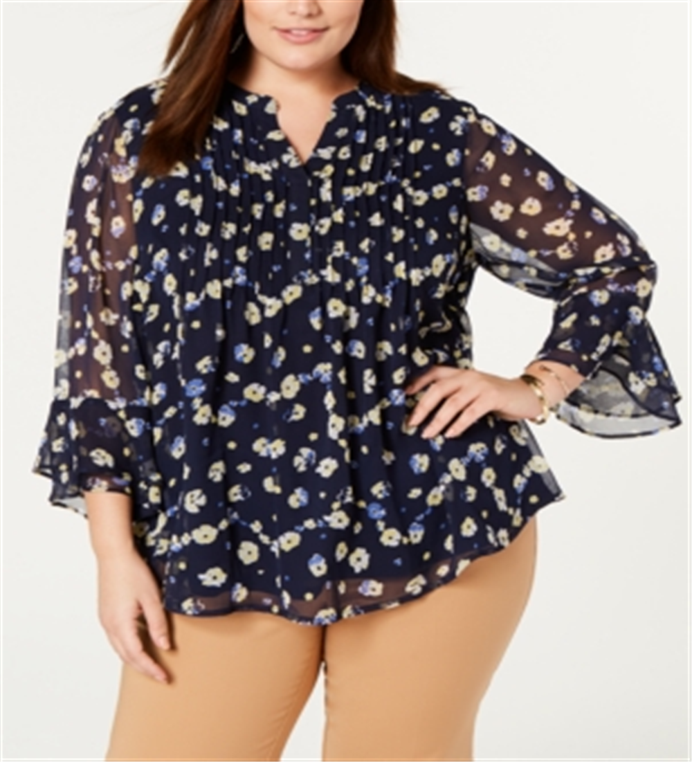 Charter Club Women's Printed Tiered Ruffle Top Yellow Size 1X