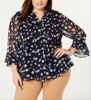 Charter Club Women's Printed Tiered Ruffle Top Yellow Size 1X