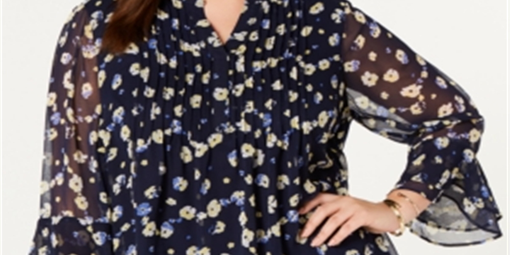 Charter Club Women's Printed Tiered Ruffle Top Yellow Size 1X