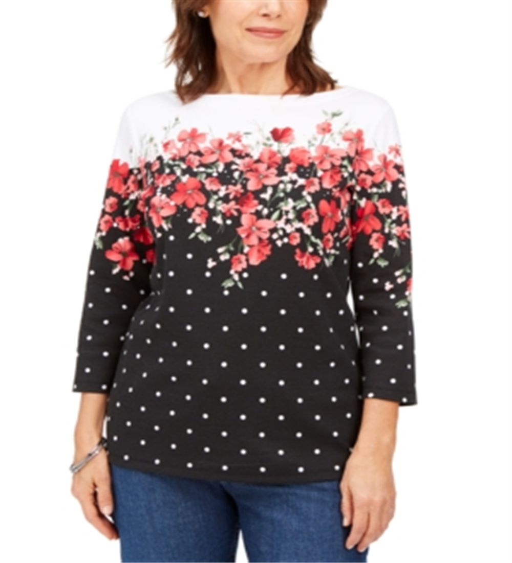 Karen Scott Women's Emily Printed Boat Neck Top Black Size X-Small