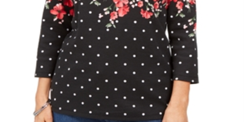 Karen Scott Women's Emily Printed Boat Neck Top Black Size X-Small