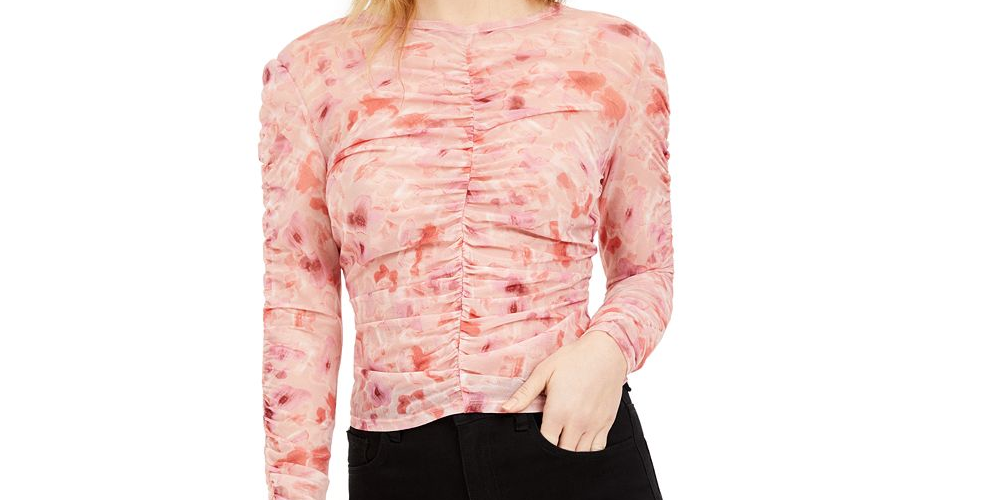 Bar III Women's Floral Print Ruched Top Pink Size 2XL