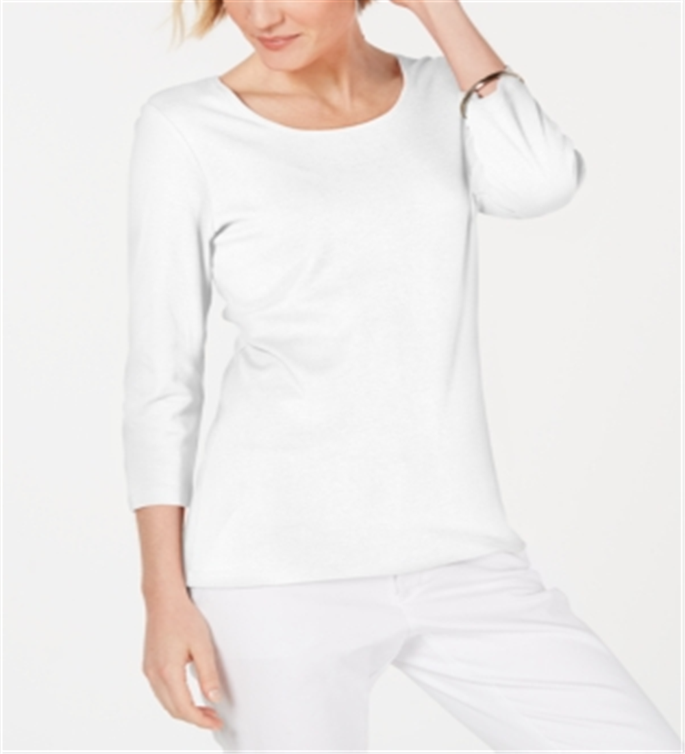 Karen Scott Women's 3/4 Sleeve Cotton Scoop-Neck Top White Size Petite XL