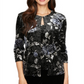 Alex Evenings Women's Textured Printed Long Sleeve Crew Neck Evening Top Black Size Petite Large
