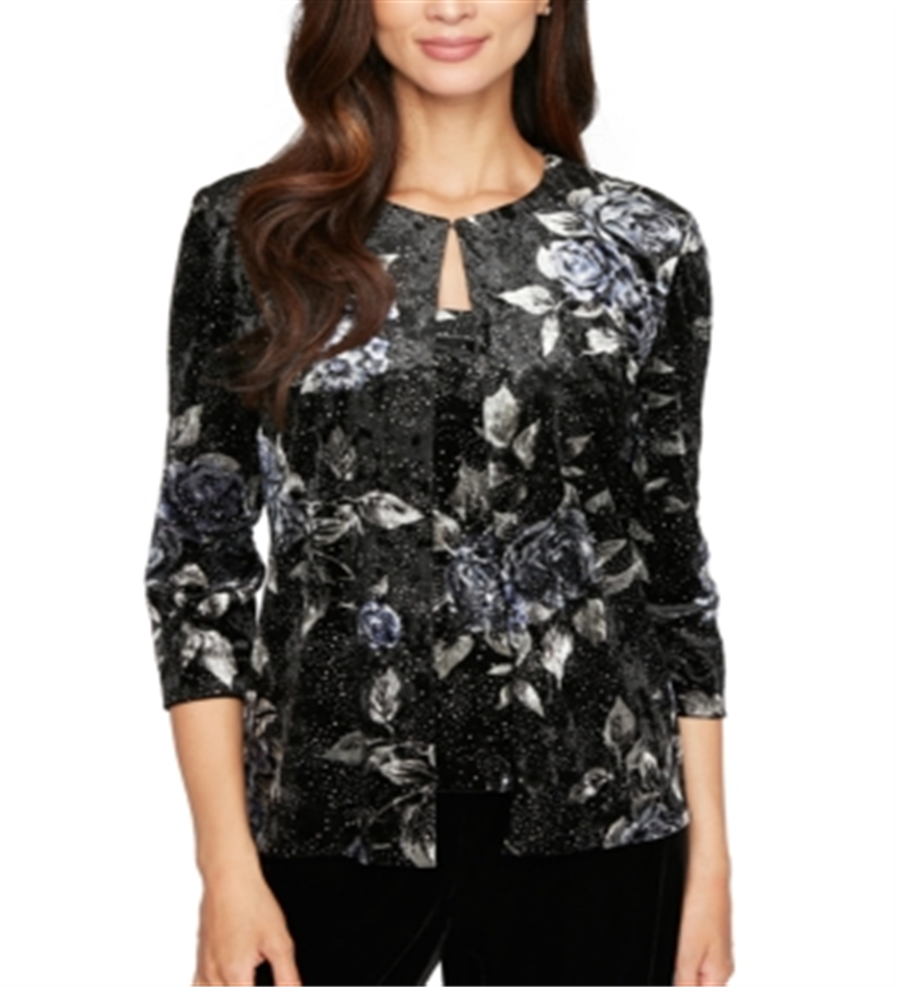 Alex Evenings Women's Textured Printed Long Sleeve Crew Neck Evening Top Black Size Petite Large