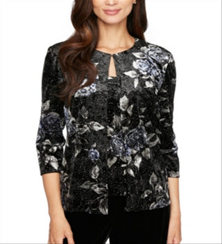 Alex Evenings Women's Textured Printed Long Sleeve Crew Neck Evening Top Black Size Petite Large