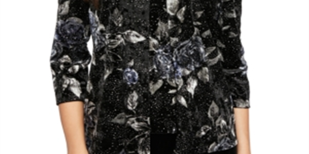 Alex Evenings Women's Textured Printed Long Sleeve Crew Neck Evening Top Black Size Petite Large