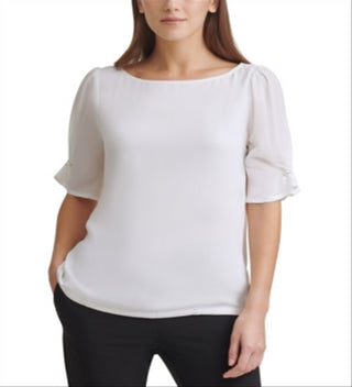 DKNY Women's Imitation Pearl Trim Elbow Sleeve Top White Size Medium