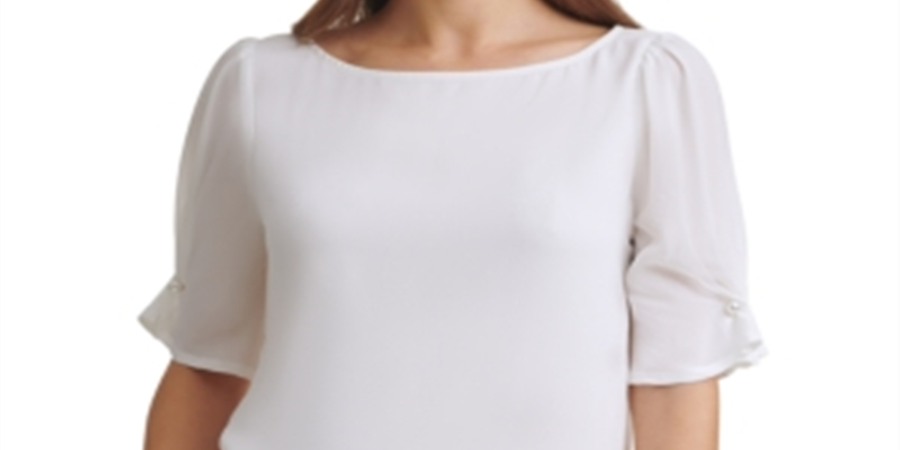 DKNY Women's Imitation Pearl Trim Elbow Sleeve Top White Size Medium