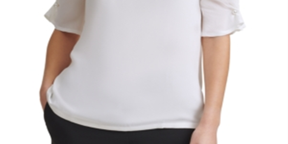 DKNY Women's Imitation Pearl Trim Elbow Sleeve Top White Size Medium