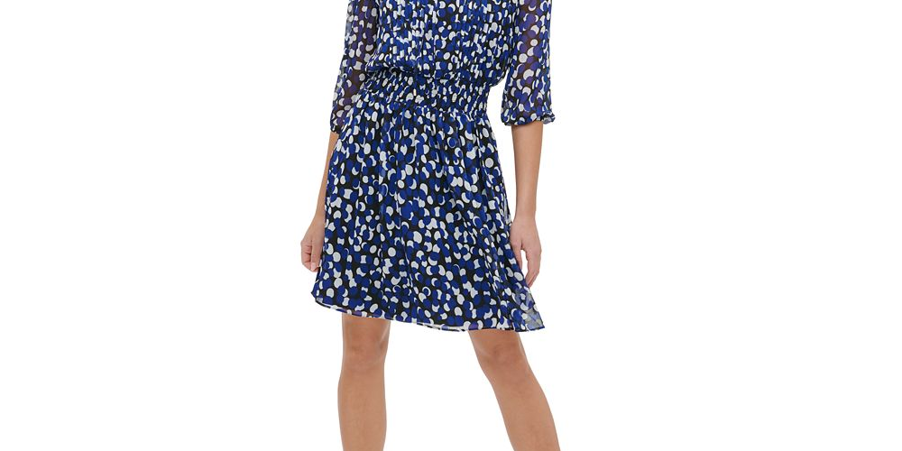 Tommy Hilfiger Women's Printed Chiffon Fit & Flare Dress Blue Size 10