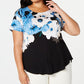 Alfani Women's Floral Jewel Neck Casual Top Blue Size 0X