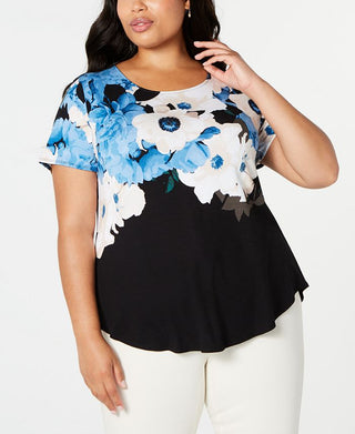 Alfani Women's Floral Jewel Neck Casual Top Blue Size 0X
