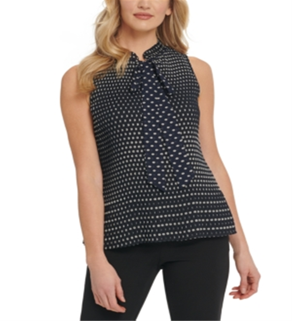DKNY Women's Dot Print Pleated Tie-Neck Top Blue