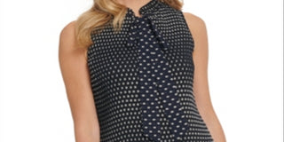DKNY Women's Dot Print Pleated Tie-Neck Top Blue