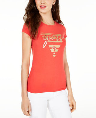 Guess Women's Crew Neck Metallic Graphic T-Shirt Orange Size Large