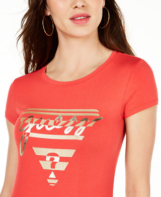 Guess Women's Crew Neck Metallic Graphic T-Shirt Orange Size Large
