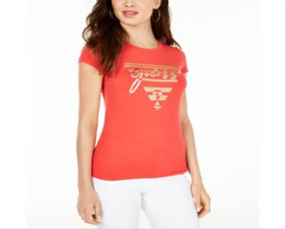 Guess Women's Crew Neck Metallic Graphic T-Shirt Orange Size Large