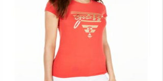 Guess Women's Crew Neck Metallic Graphic T-Shirt Orange Size Large