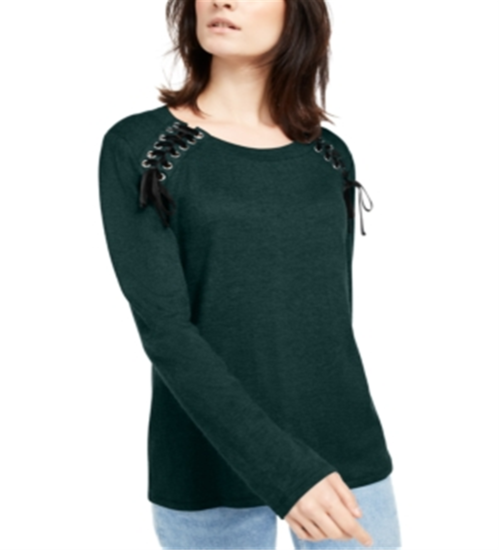 INC International Concepts Women's Lace up Scoop Neck Top Green Size Large