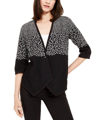 Alfani Women's Printed Asymmetric Open Front Cardigan Black Size Petite