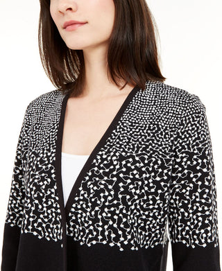 Alfani Women's Printed Asymmetric Open Front Cardigan Black Size Petite