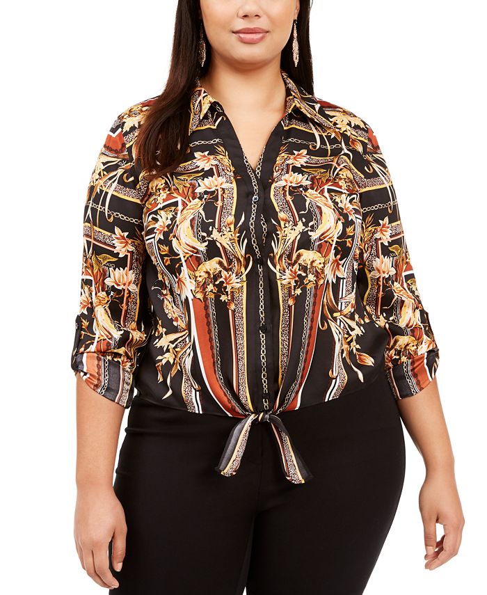 INC International Concepts Women's Plus Printed Tie Front Blouse Black Size 4XL