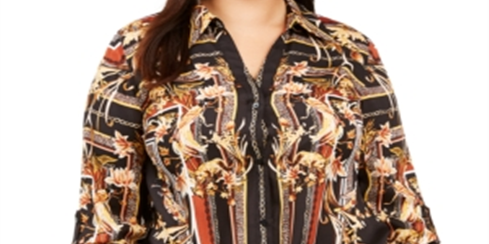 INC International Concepts Women's Plus Printed Tie Front Blouse Black Size 4XL