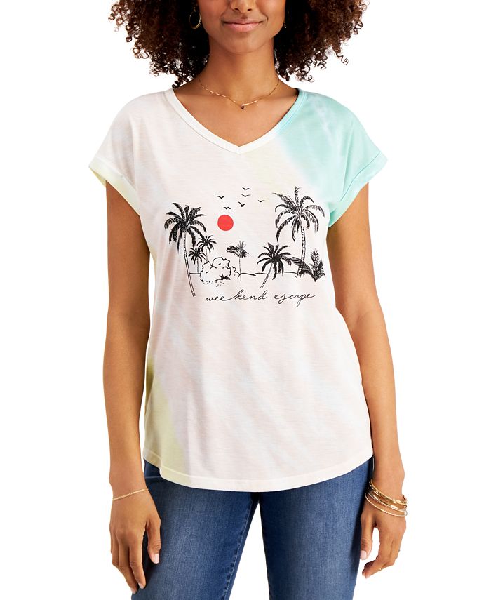 Style & Co Women's Weekend Escape Tie Dye Graphic T-Shirt Pink Size Small