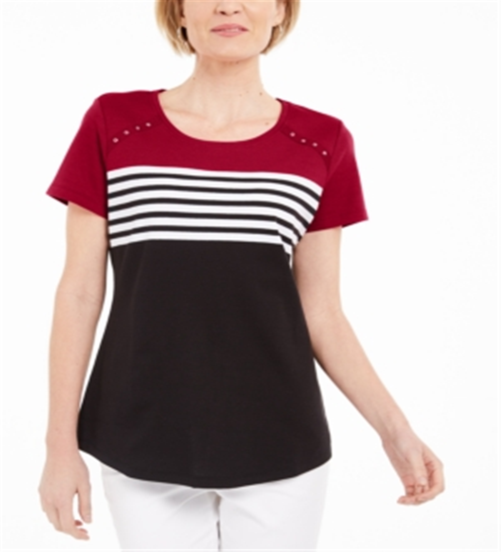 Karen Scott Women's Tara Colorblocked Stripes Rivet Top Red Size S