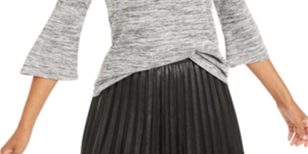 NY Collection Women's Embellished Heather 3/4 Sleeve V Neck Top Silver Size Petite X-Large