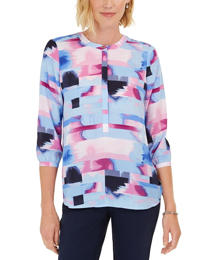 JM Collection Women's Printed Pleated Back Blouse Purple Size X-Small