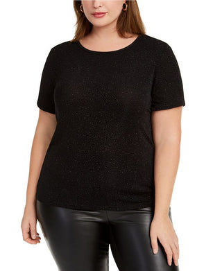 Bar III Women's Trendy Plus Textured Sparkle T-Shirt Black Size 1X