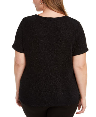 Bar III Women's Trendy Plus Textured Sparkle T-Shirt Black Size 1X