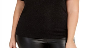 Bar III Women's Trendy Plus Textured Sparkle T-Shirt Black Size 1X