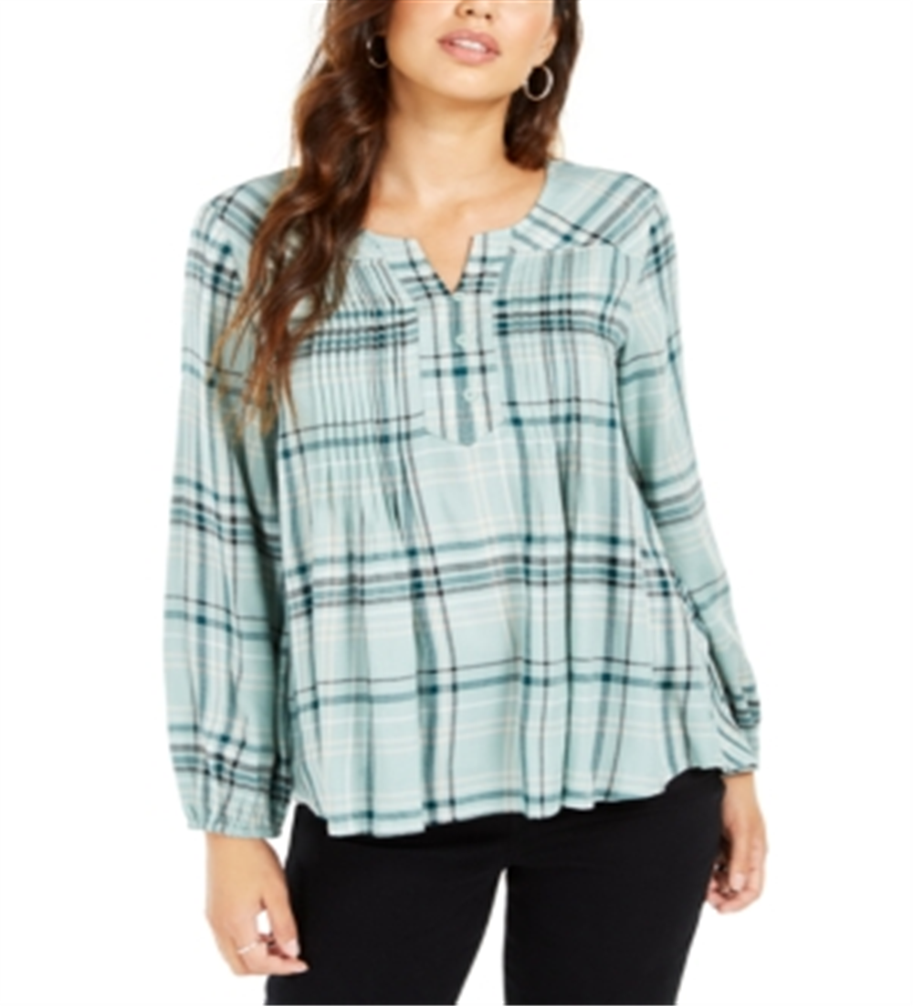 Style & Co Women's Plaid Pleated Top Green Size PPetite M