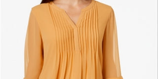 Charter Club Women's Double Ruffle Solid Pintuck Top Yellow Size Petite Small