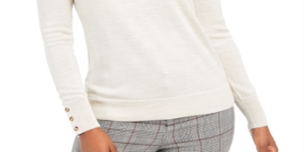 Charter Club Women's Merino Wool Button Cuff Crewneck Sweater Oat Size X-Small